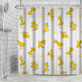 Ttincceer Yellow Duck Shower Curtain with Hooks, Cartoon Cute Animal Duck Pet Bathroom Curtain Funny Animal Yellow Flower Bathroom Curtain Waterproof Bath Curtain 180 x 200 cm