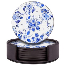 Set of 6 Round Leather Coasters with Holder for Bar, Drinks, Coffee (Delft Blue Style Watercolour Pattern)