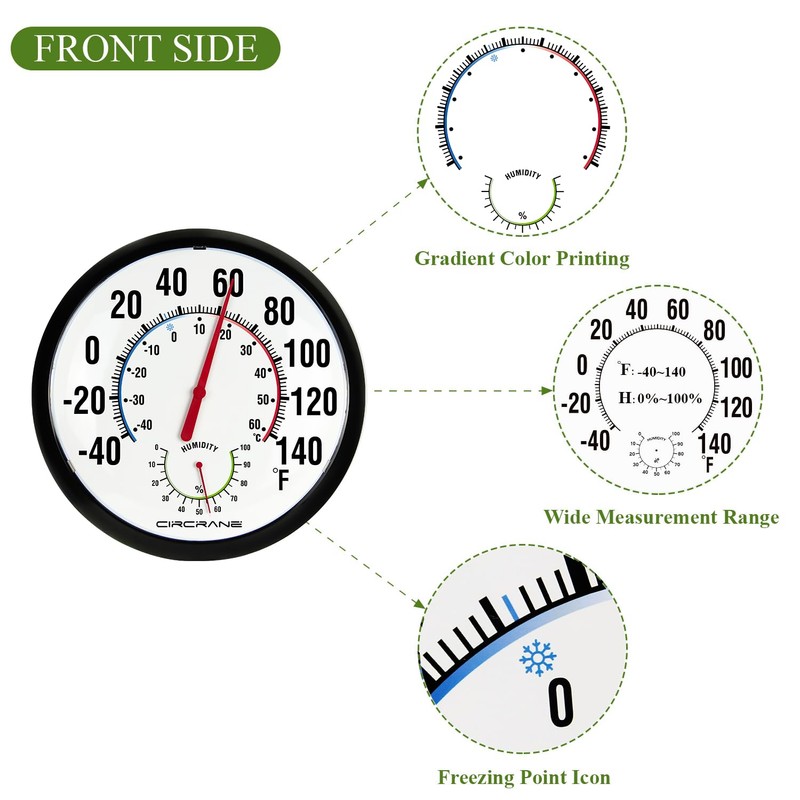 Circrane 13.25 Inch Round Thermometer with Hygrometer, Large Indoor Wall