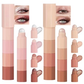 Set of 2 Cream Eyeshadow Stick - Metallic Shimmer Eye Shadow Stick and Highlighter Pen - Eye Shadows for Older Women - 8 Color Pencil Crayons for Eyes & Face, Smooth and Long-lasting Formula