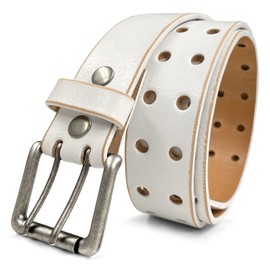 Ben Twin Roller Vintage One-Piece 100% Full Leather Jean Belt Punk Biker Belt 1-1/2" Wide (ANR-White, 34)