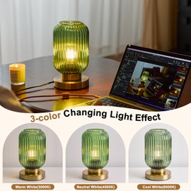 HSMKL Modern Green Ribbed Glass Table Lamps Mid Century Bedside Light Small Nightstand Lamp with Plug-in Style, E26 Night Lighting for Bedroom Living Room Tabletop