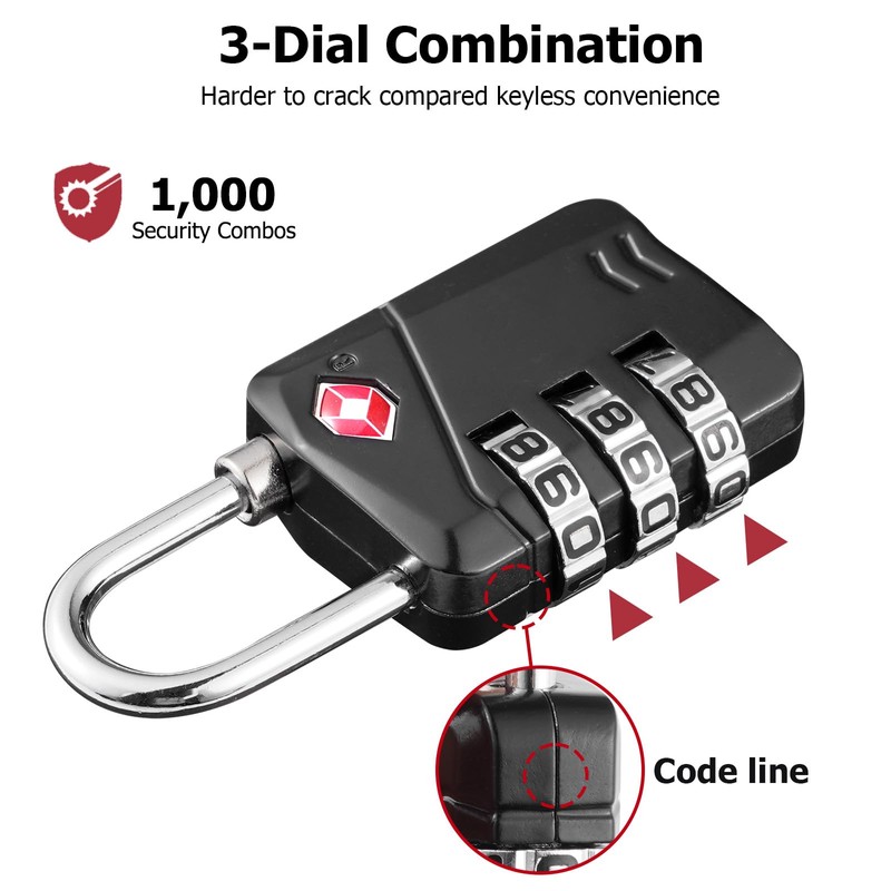 SharkByte TSA Approved Luggage Locks, 3-Dial Security Travel Combination Padlock,