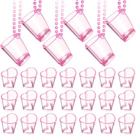 Sieral 24 Set Pink Shot Glass on Beaded Necklace Bachelorette Heart Shaped Shot Glasses Cute Plastic Cups Necklace Beaded Set for Birthday Wedding Theme Festival Party Favors Supplies Decorations