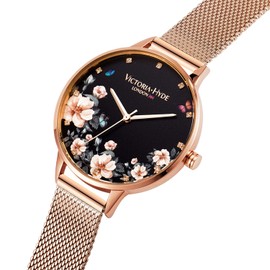 VICTORIA HYDE Quartz Watches for Women Floral Dial with Stainless Steel Mesh Band Genuine Leather Strap Waterproof Ladies Wristwatch (Rosegold+Bracelet)