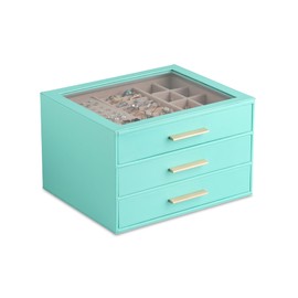 Frebeauty Jewelry Box with Clear Lid,Jewelry Organizer with 3 Drawer,PU Jewelry Organizers and Storage,Jewelry Boxes for Women,Earring Holder Organizer,Jewelry Storage(Turquoise)