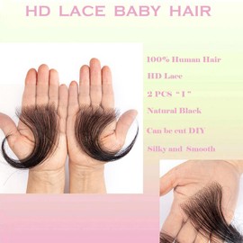 Edges Hair HD Lace Baby Hair for Women Reusable invisible Swiss Lace Hairline Natural Black Handmade Real Human Hair Pieces (2 PCS 1)