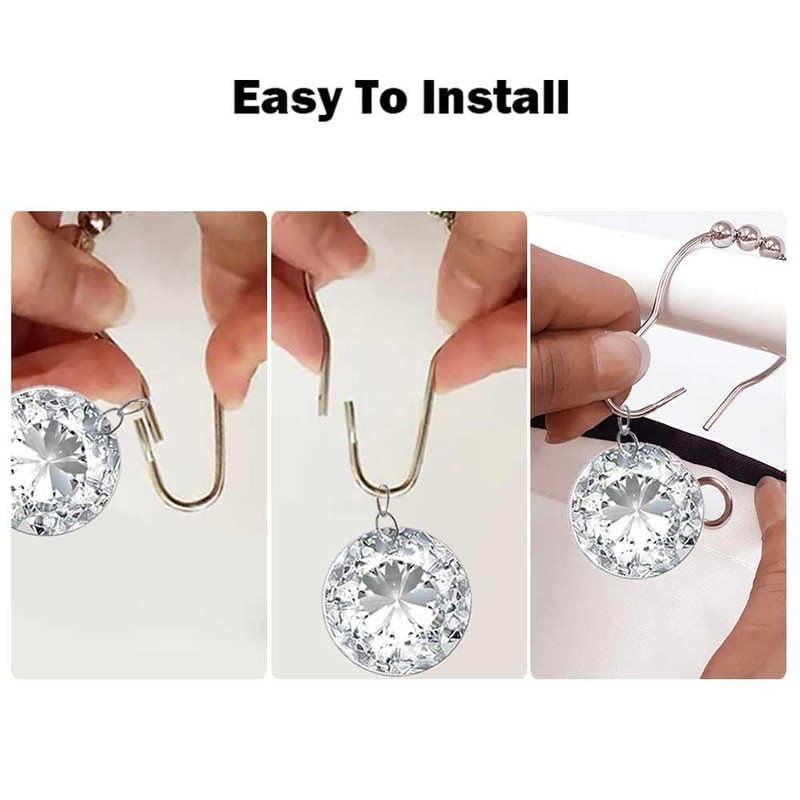 Decorative Crystal Shower Curtain Rings with Rustproof Stainless Steel Hooks,ling