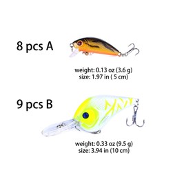 Fishing Lures Kit Mix Includes Minnow Popper Crankbait and Fish Hook for Fishing Saltwater Freshwater Trout Bass Salmon (17APCS)