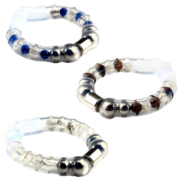 WAOH Men's Power Stone, Set of 3, Lapis Lazuli x Rutilated Quartz, Tiger Eye x Rutilated Quartz & All Rutilated Quartz, Bring Out Happiness, Potential, Good Luck, Work Luck, Money Luck, Health Luck, Wishes, Interpersonal Luck, Amulet, Natural Stone, Powe