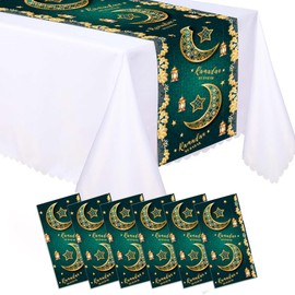 LJ 6 Pcs Plastic Green Eid Table Runners 14" x 108" Green Eid Party Decoration Green Ramadan Theme Birthday Party Supplies Disposable Table Runner for Green Ramadan Table Decor