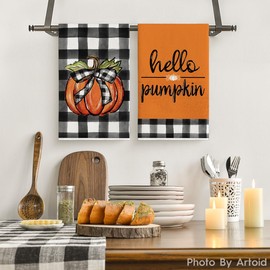 Artoid Mode Buffalo Plaid Hello Pumpkin Fall Kitchen Towels Dish Towels, 18x26 Inch Farmhouse Thanksgiving Decoration Hand Towels Set of 2