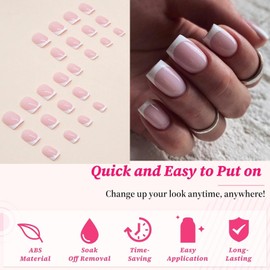 24 Pcs French False Nails White French Tip Press on Nails Short,Nude White Short Fake Nails Square Shaped,Full Cover Fake Stick on Nail for Women and Girls Art