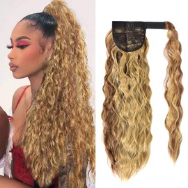 YEAME Corn Wave Ponytail Extension Clip in - 22 Inch Long Wavy Curly Wrap Around Pony Tail Heat Resistant Synthetic Hairpiece for Women (Brown Mixed Blonde #12H24)