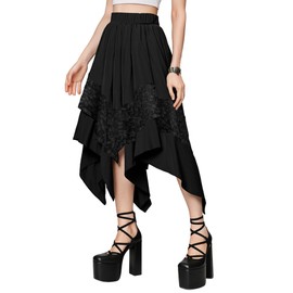 Simlakey Women Renaissance Fairy Skirt Y2K Flowy Skirt Asymmetrical Layered Lace High Waist Gothic Boho Pirate Costume(Black,M)