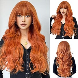 OUFEI OUFEI Long Wavy Orange Wigs With Bangs for Women Natural Synthetic Hair Heat Resistant Wigs for Daily Party Cosplay Wear-28 Inches