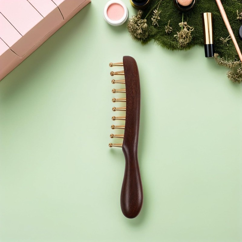 Handmade Sandalwood Scalp Massager Wide Tooth Comb with Copper Bristles