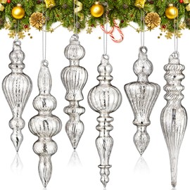 Soaoo 6 Pcs 6.3 inch Mercury Glass Finial Christmas Ornaments Hanging Christmas Finials Glass Ornaments Assorted Mercury Glass Decor for Christmas Tree Vintage Holiday Decoration(Silver)