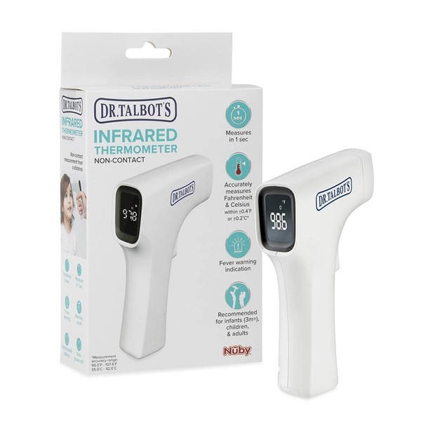 Dr. Talbot's Easy Handle Non-Contact Infrared Thermometer with Led Screen, Fever Warning Indicator, Accurate 1 S Reading for Baby, Kids, & Adults, White