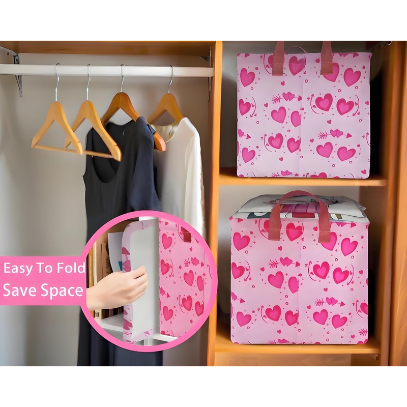 BOOHIT Pink Valentines Day Basket Large Foldable Heart Shaped Storage