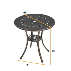 MONDAWE 25" Cast Aluminum Patio Bistro Table, Round Patio Side Table with Umbrella Hole Outdoor Coffee End Table for Porch, Backyard, Bronze