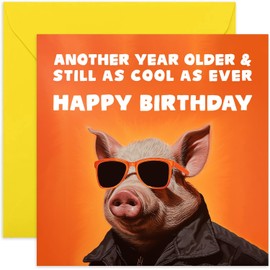 Old English Co. Funny Pig Birthday Card for Men - 'Another Year Older And Still Cool' For Male Friend Birthday - Silly B'day Card for Him - Son, Brother, Dad | Blank Inside Envelope