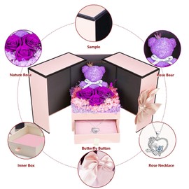 ELEUTH Rose Moss Bear Gifts for Mum, Real Eternal Rose Gift Box with Necklace, Preserved Rose Flower Box, Mother's Day Gift for Mum, Women, Wife, Girlfriend, Grandma, Valentine's Day, Anniversary,