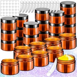 MotBach 24 Pack 1oz Amber Plastic Jars, 30ml Empty Small Round Cosmetic Jars Refillable Makeup Containers Leakproof Travel Cosmetic Containers with Black Lids for Sample Cream Lotion Powder Ointment