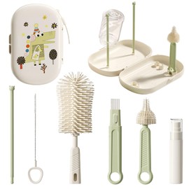 FURNIPLAS Bottle Brush Set - Baby Bottle Cleaner Kit with Silicone Brush, Nipple Brush, Straw Brush, Soap Dispenser, Drying Rack - 7 in 1 Bottle Cleaning Tool for Home and Travel, Green