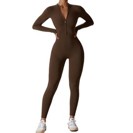 OEAK Women Yoga Jumpsuit Sports Romper Long Sleeve Zip up Unitard Seamless One Piece Bodycon Bodysuit All In One Full Workout Outfit(Coffee,S)
