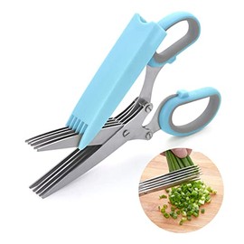 Herb Scissors Set, Multipurpose Herb Scissors with 5 blades and Cover, Stainless Steel Herb Cutter/Mincer for Salad, Basil, Parsley, Cilantro - Kitchen Gadget (Blue)
