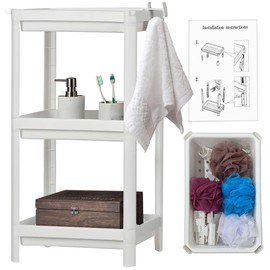 VALIUSA 3 Tier Shower Caddy, Shower Organizer Plastic, 9.1 x 14.2 x 27.6 inches Bathroom Caddy, Rack Shelf with Sponge Set, with Utility Hangers Bathroom Cart, White Standing 3 Tier Shelf