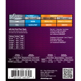 Elixir Strings 16539 Light 80/20 Bronze Nanoweb Acoustic Guitar Strings 3-Pack (.012.053)