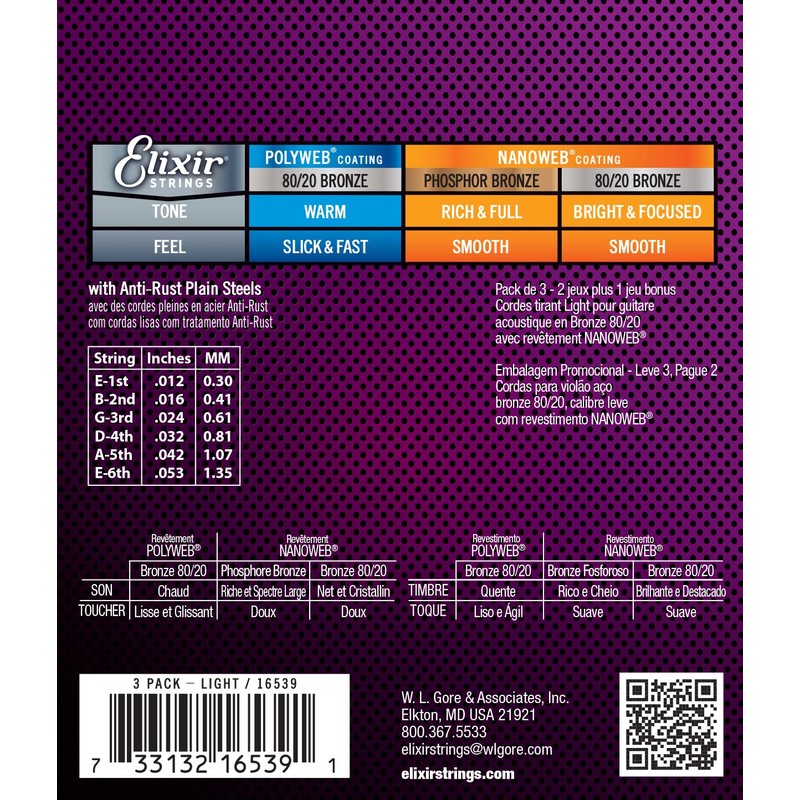 Elixir Strings 16539 Light 80/20 Bronze Nanoweb Acoustic Guitar Strings