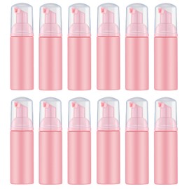 Botella de espuma de 1.7 onzas con bomba rosa (12 unidades). Botellas de espuma vacías para jabón de manos líquido rellenable, lavado corporal, champú de extensión de pestañas. Tamaño mini de bolsillo sin BPA (rosa)