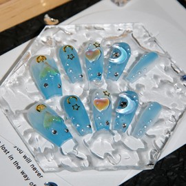 TENPAL Handmade Press on Nails Medium Ocean Blue Ice Transparent 3D Moon Star Charms Fake Nails With Glue 10pcs/Box Glitter Ombre Blue Mermaid False Nails Press ons For Spring Summer(L)