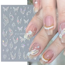 Mermaid Butterfly Nail Art Stickers Decals 3D Self-Adhesive Shell Aurora Spring Freshness Silver Glitter Nail Decals Cute Summer Nail Supplies for Women Nails Art DIY Decoration 2 Sheets