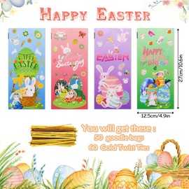Bolsas de celofán de Pascua, 50 bolsas de dulces transparentes en 4 diseños, bolsas de dulces con 60 lazos dorados para regalos de fiesta de Pascua
