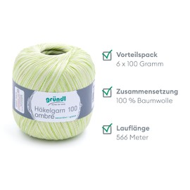 Gründl Crochet Yarn 100 Ombre (Mercerised Cotton Yarn for Crocheting 100% Cotton, 100 g/566 m, Needle Size: 1.5-2, 6 x 100 g), Pistachio