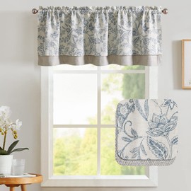 Vangao Farmhouse Linen Valance Curtain for Kitchen Floral Rustic Double Layer Blackout Rod Pocket Window Topper Treatment 18 Inch Blue on Beige