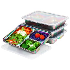 OMISTAR 4 Pcs Stainless Steel Kids Plates, Stainless Steel Divided Toddler Plate with Lids, BPA-Free, Non-Toxic & Dishwasher-Safe, 9.4 x 6.7 x 1.7 in