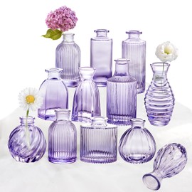 Glass Bud Vases Set of 12, Small Purple Vase Glass Vases for Flowers Modern Ribbed Colored Bud Vase for Decor Wedding Flower Vase in Bulk Vintage Decor Bridal Shower Centerpieces Home Table Decoration