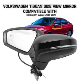 Left Driver Side Mirror Compatible With Volkswagen Tiguan 2018-2023 With Heated/Power Mirror,With Blind Spot Indicator/Signal Light (6+2 Pins) Black