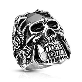 Rose Decorated Steel Claws Grasping Black Skull Stainless Steel Casting Rings (11)