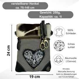 Domelo Dirndl Shoulder Bag Oktoberfest Costume Bag with Deer & Heart Design - Traditional Small Crossbody Bag Made of Canvas and Cowhide Fur Gifts for Teenage Girls, grey deer, Unit size