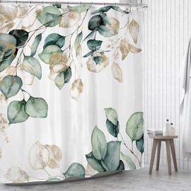 Omifly Eucalyptus Shower Curtain 72Wx72H Inch Green Leaves Gold Watercolor Plant Nature Botanical Leaf Floral Bathroom Set with 12 Plastic Hooks Fabric Waterproof Toilet Accessories Decor