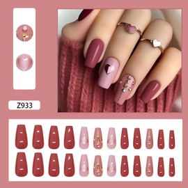Valentines Press on Nails Medium Coffin Red Fake Nails with Hearts Design Pink Love False Nails Heart Valentines Nails Medium Full Cover Acrylic Glue on Nails Winter Stick on Nails for Women 24Pcs