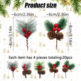 chenyu Pack of 20 Small Artificial Pine Branches with Berries Christmas Table Decoration Berries Pine Cones Green Pine Needles Christmas Branches Christmas Decorations DIY Christmas Garland (5 Styles)
