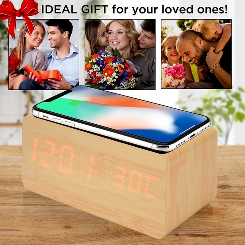 Wooden Clock Alarm Mobile Phone Wireless Charging Wood Voice Control
