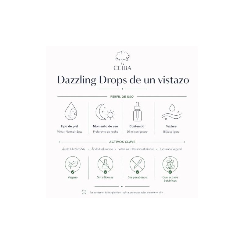 CEIBA Dazzling Drops Serum Facial Vitamina C y Ácido Glicólico
